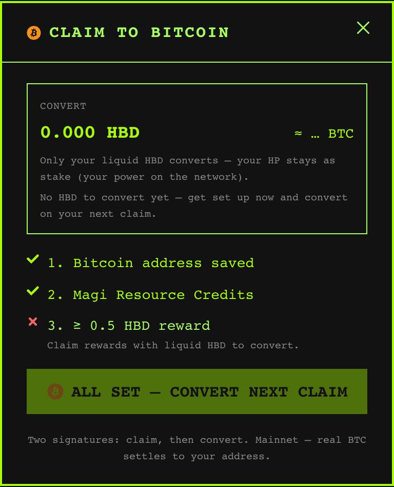 The Claim to Bitcoin checklist — Bitcoin address, Magi RC, and reward