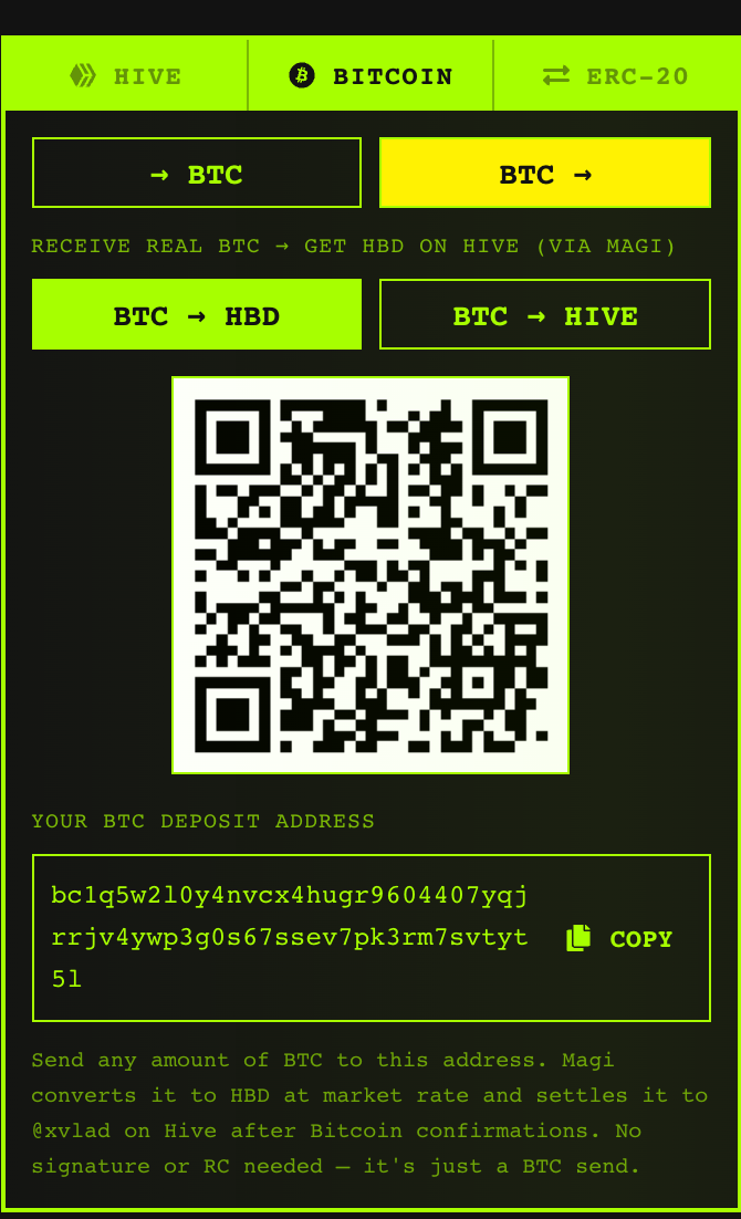 The BTC → direction toggle and your personal BTC deposit address with QR code